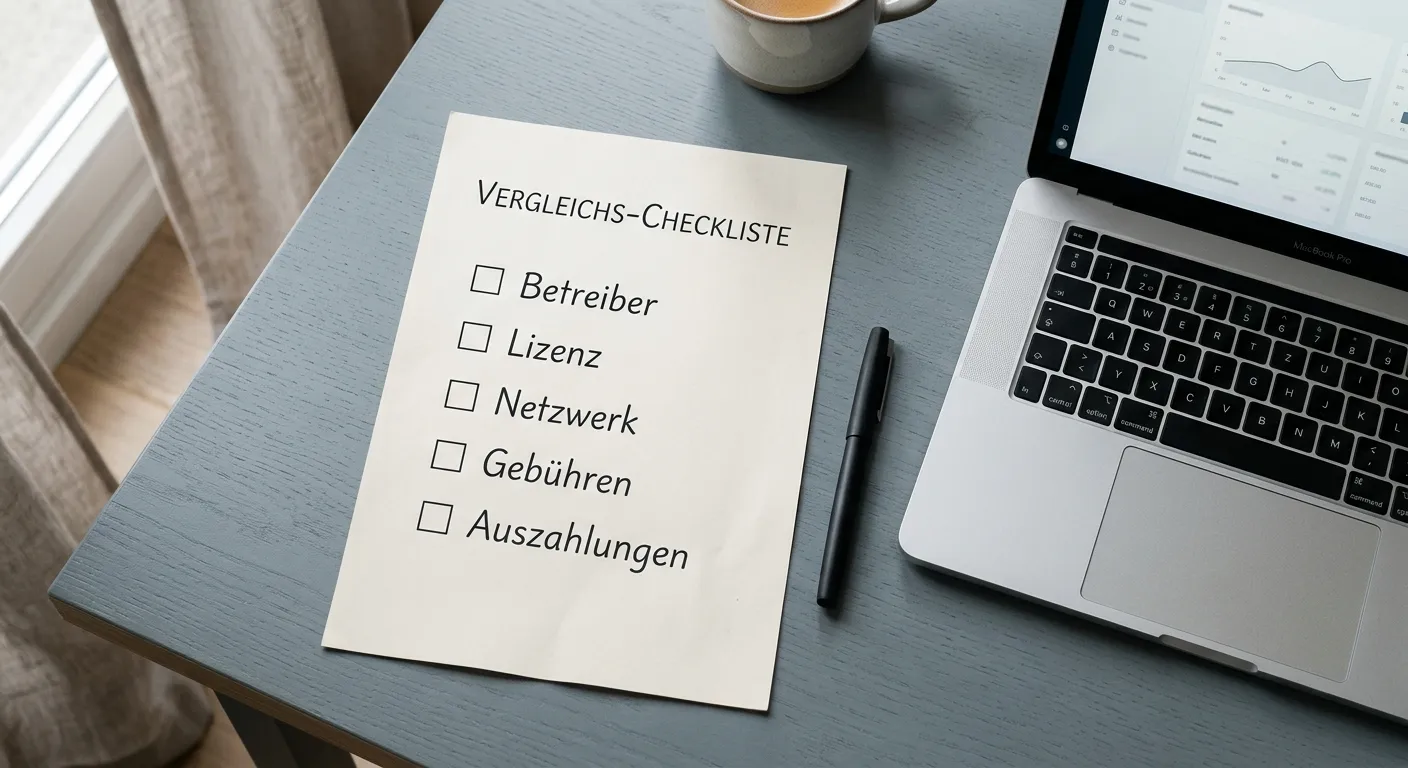 Geordnete Prüfliste mit Betreiber Lizenz Kasse und Auszahlung auf einem Schreibtisch