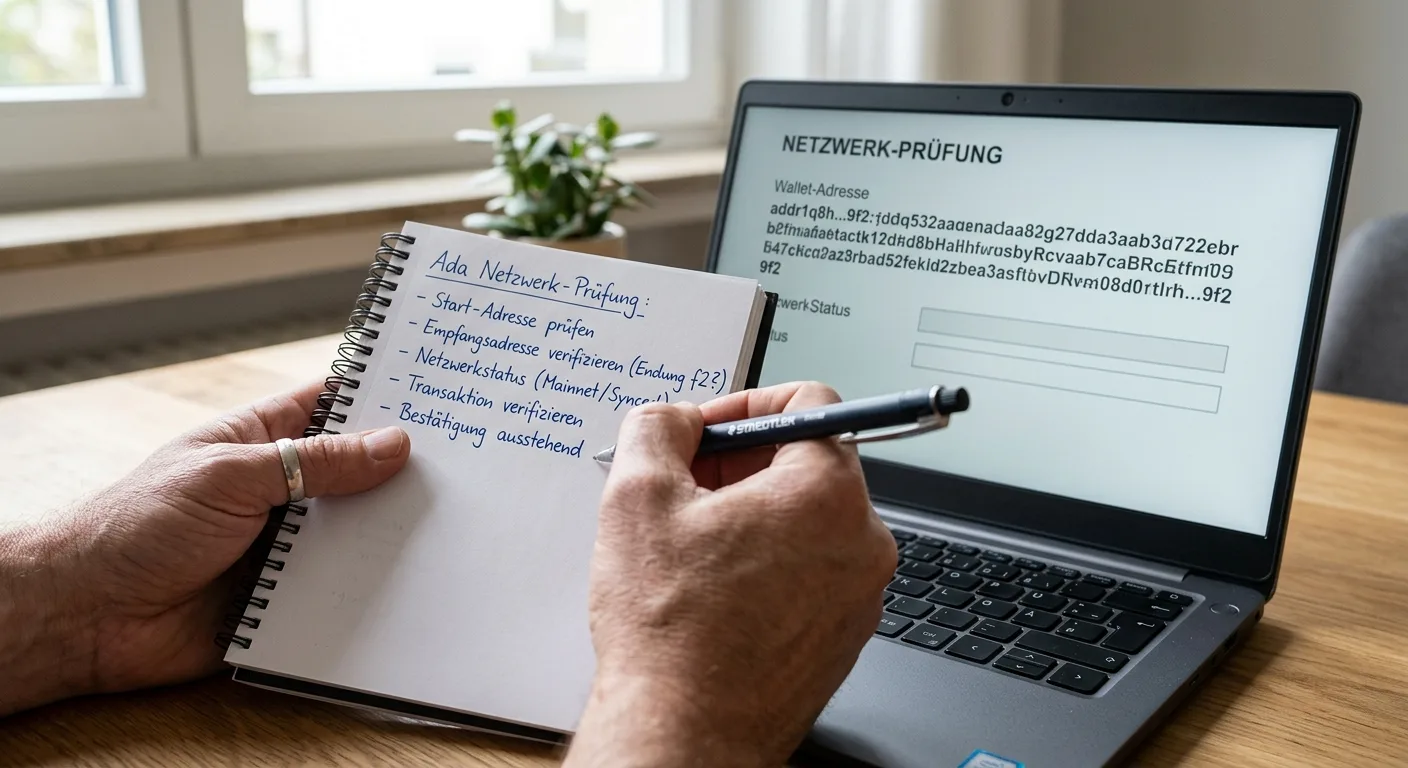 Person prüft Krypto-Geldbörse-Adresse und Netzwerkangabe auf Laptop und Notizblatt