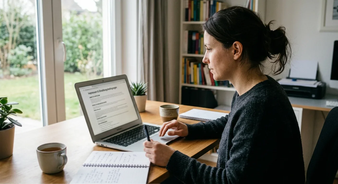 Person prüft Impressum und Auszahlungsbedingungen auf einem neutralen Laptop