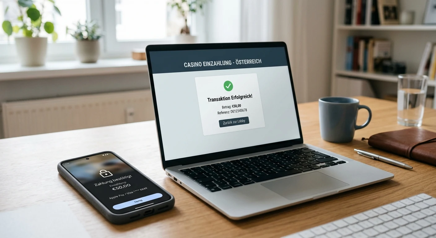 Smartphone mit neutraler Apple-Pay-Freigabe neben einem Laptop im ruhigen Arbeitszimmer