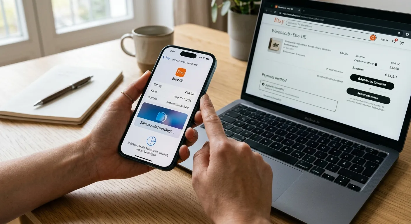 Hände bestätigen eine neutrale digitale Brieftasche-Zahlung auf einem Smartphone neben einem geöffneten Kassenbereich