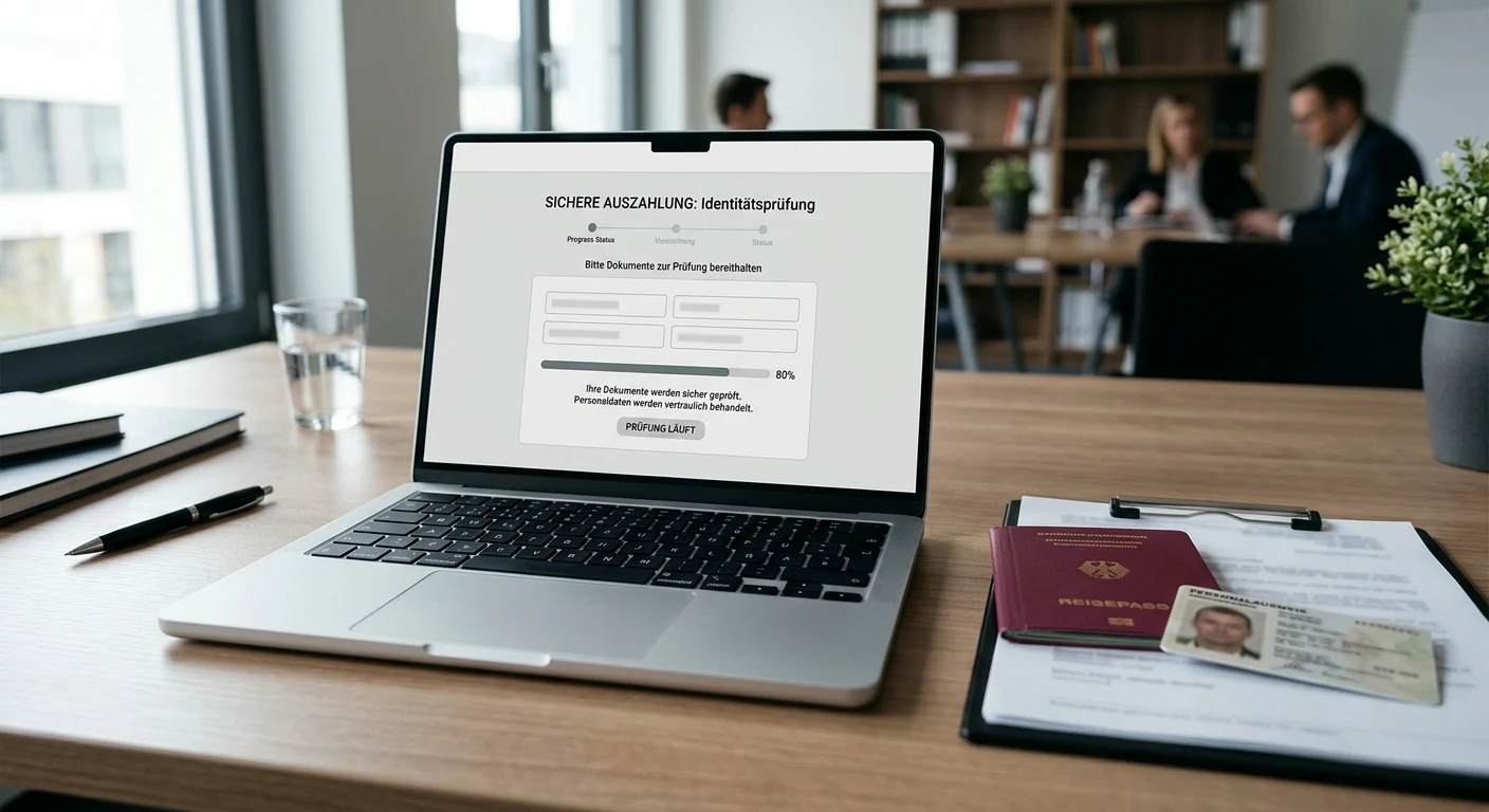 Ordentliche Unterlagen zur Identitätsprüfung und Auszahlung auf einem Schreibtisch