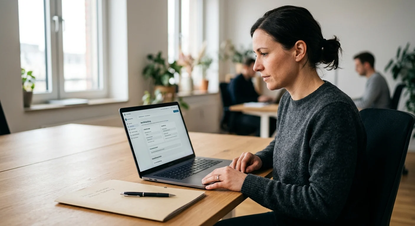 Person kontrolliert Betreiberangaben und Auszahlungsbedingungen an einem neutralen Laptop