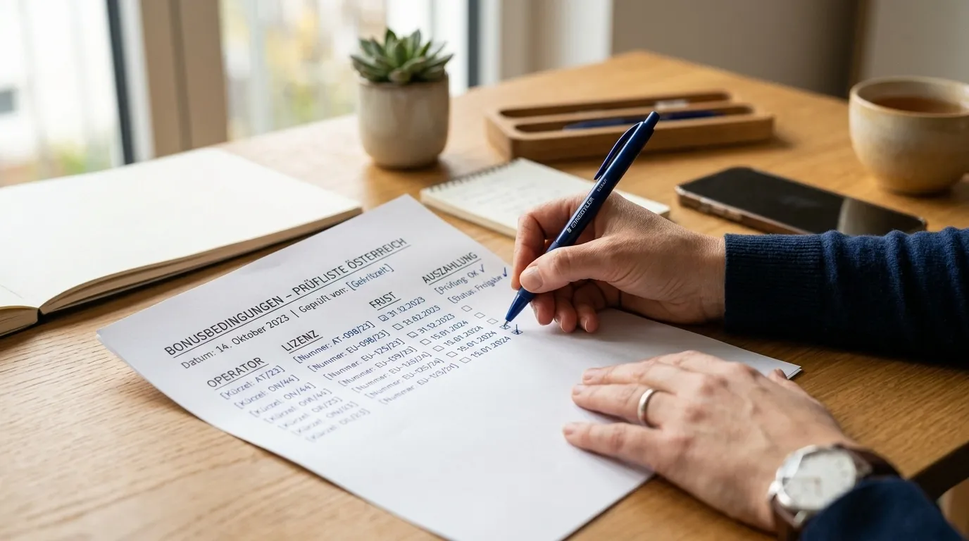 Handschriftliche Prüfliste mit Betreiber, Lizenz, Frist und Auszahlung