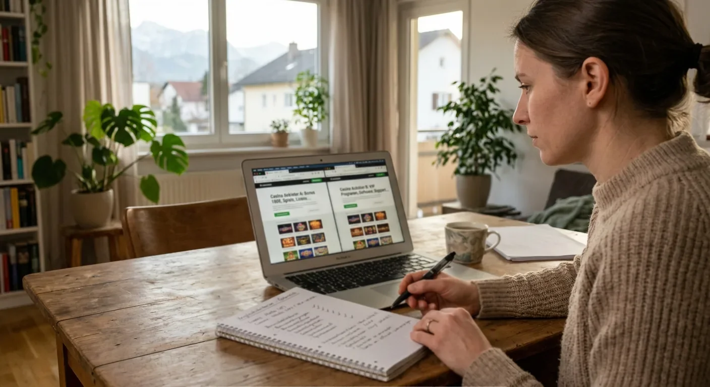 Person vergleicht mehrere neutrale Casino-Angebote auf einem Laptop mit Notizblock und Prüfzeilen
