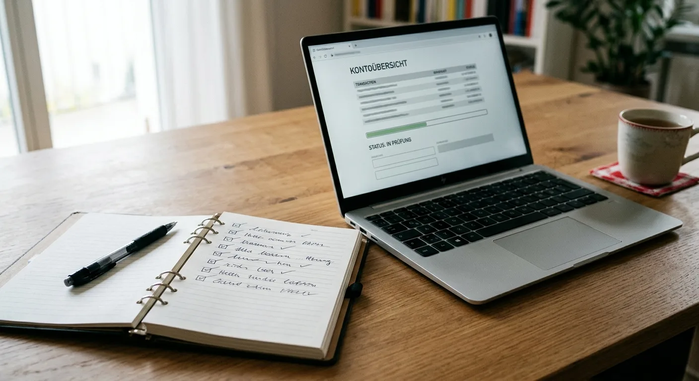 Ordentliches Notizbuch mit sieben neutralen Prüfpunkten für Betreiber, Lizenz, Kasse und Auszahlung