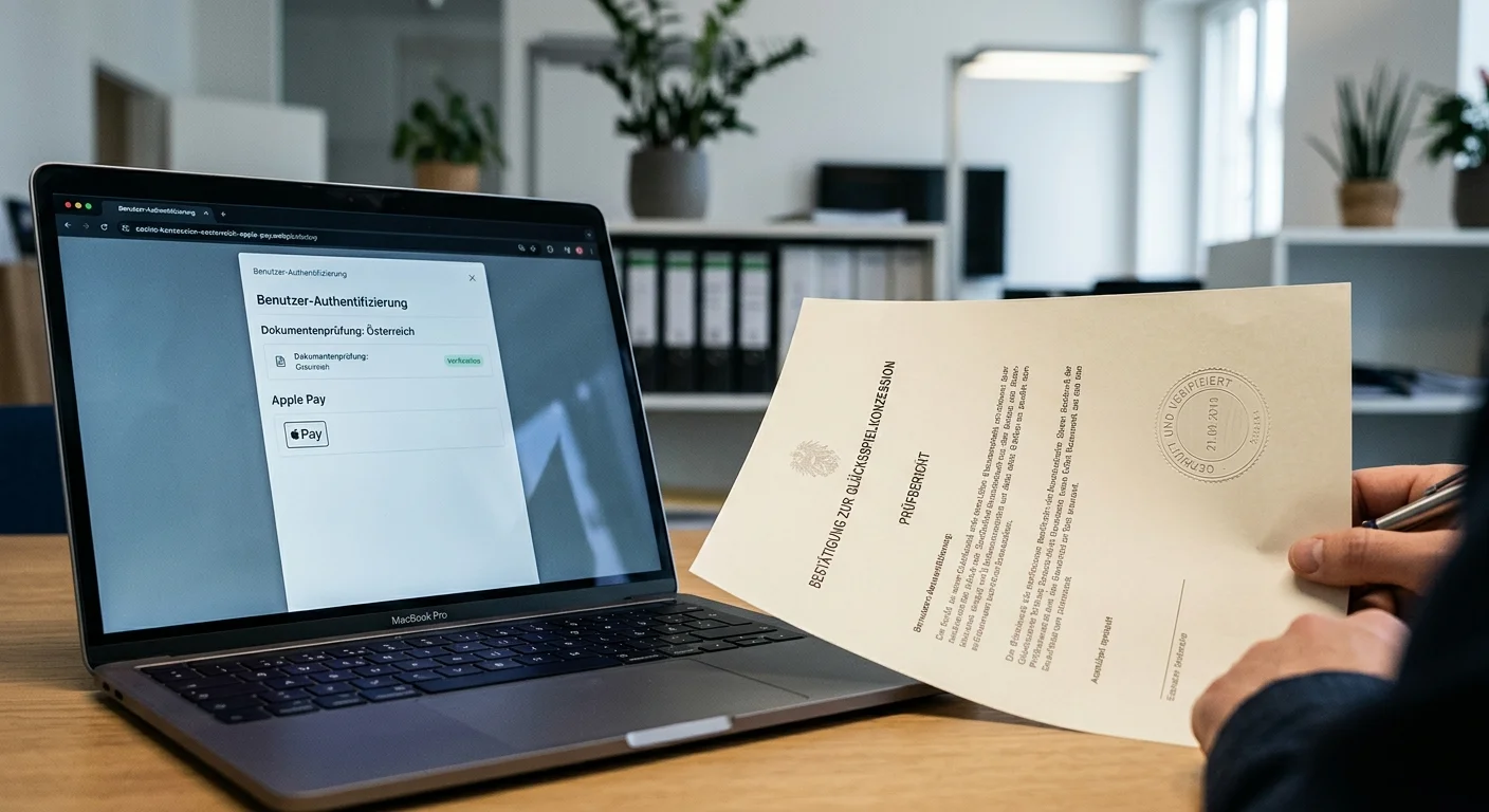 Neutraler Konzessionsbescheid und Laptop mit sachlicher Anbieterprüfung auf einem Schreibtisch