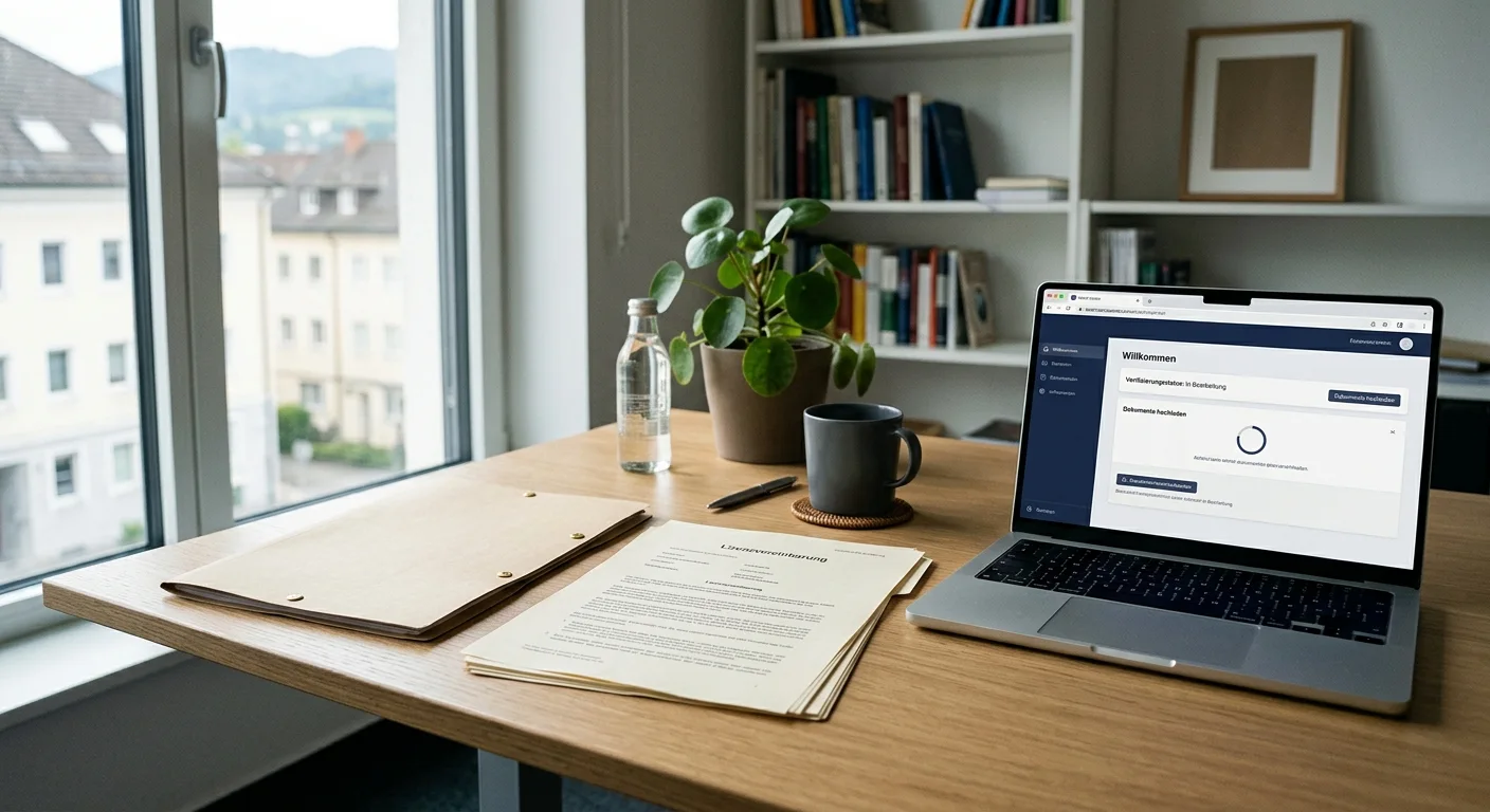 Ordner mit neutralem Lizenzdokument und Laptop in einem ruhigen österreichischen Büro