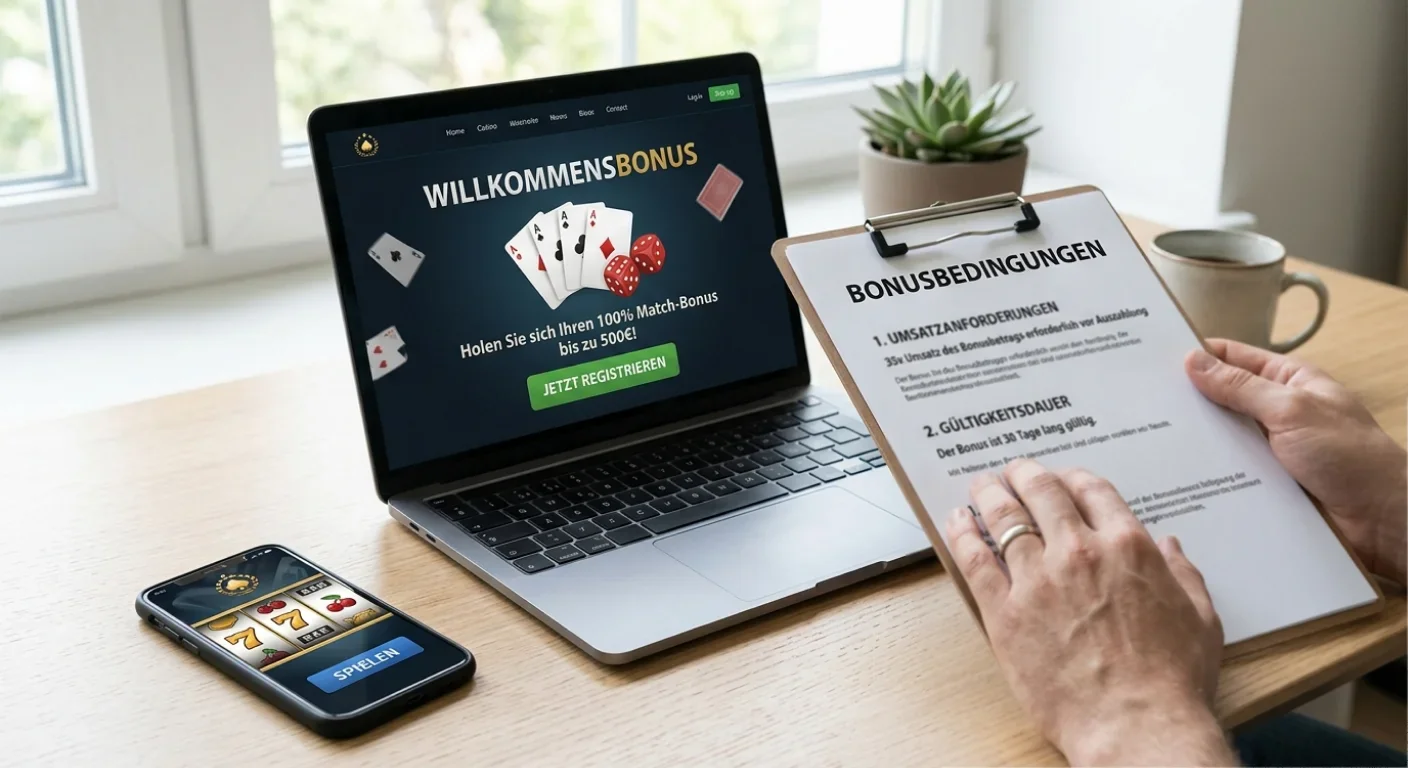 Laptop und Mobiltelefon zeigen neutrale Spielautomaten und Tischspiel-Symbole ohne Marken