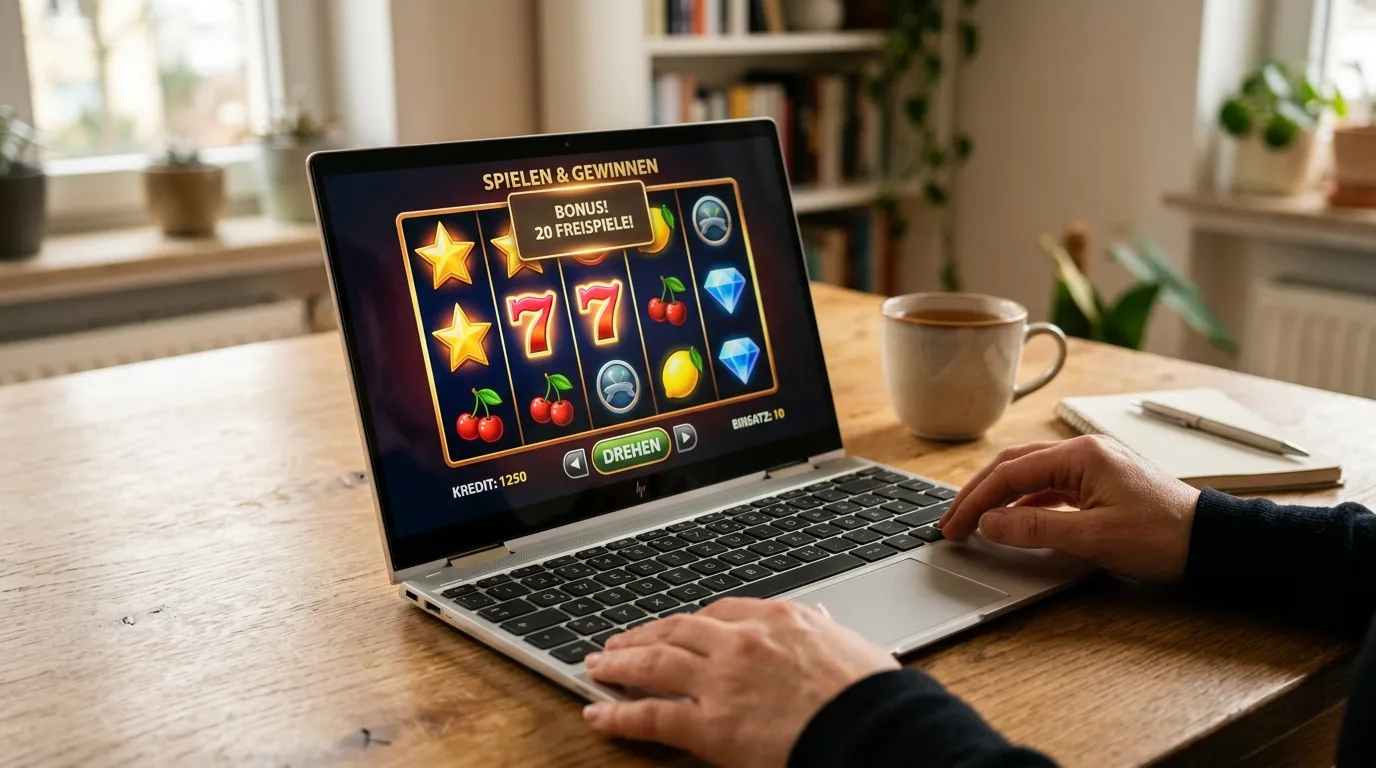 Spielautomat mit symbolischen Freispielen und neutralem Guthabenhinweis