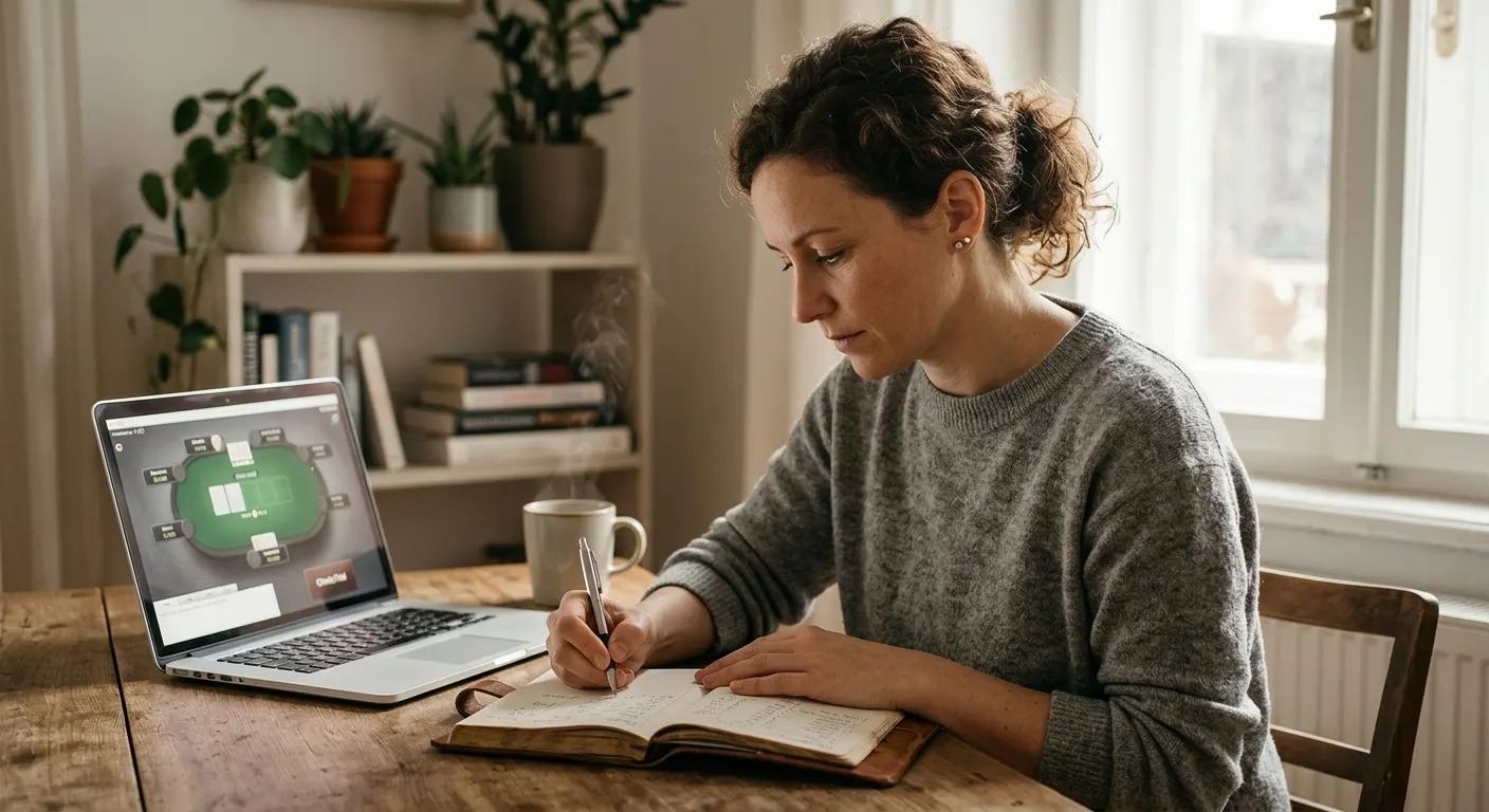 Ruhiger Arbeitsplatz mit handschriftlicher Budgetnotiz und pausiertem Spielkonto
