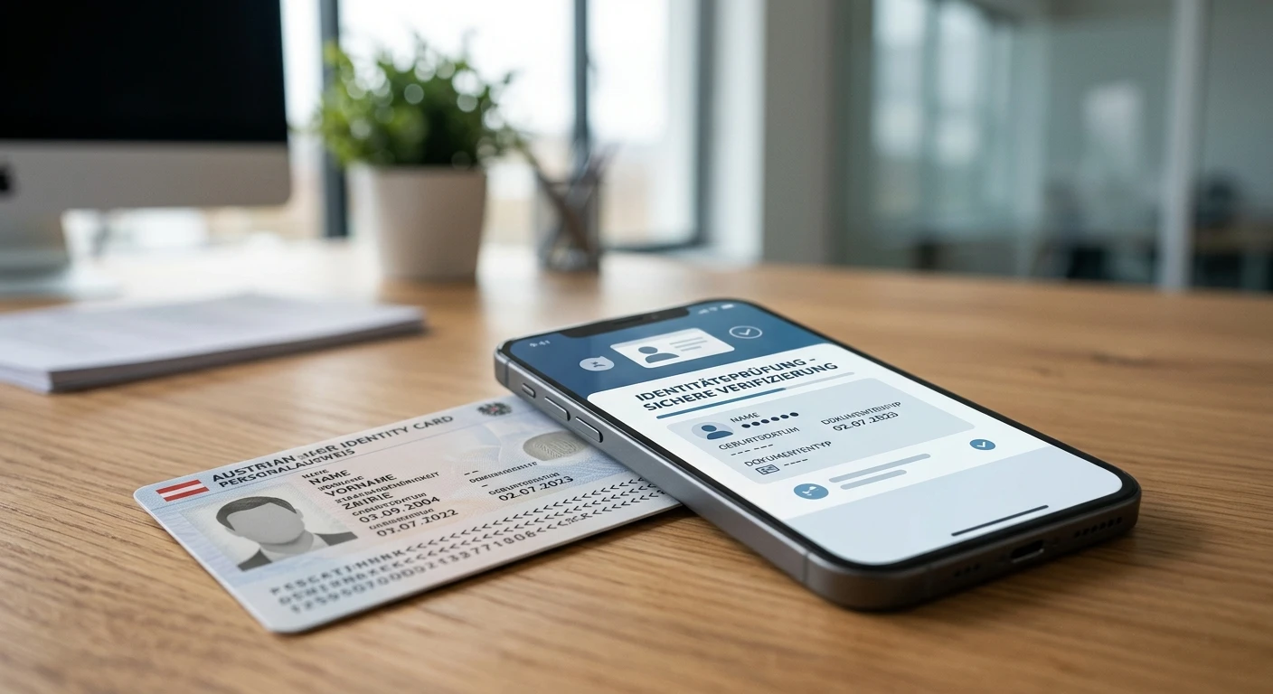 Neutrales Identitätsdokument neben Smartphone mit sicherer Prüfoberfläche