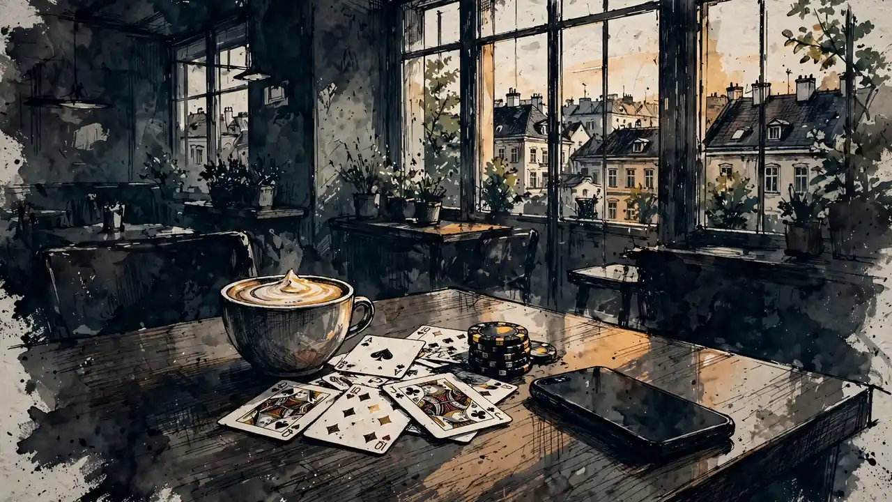 Wiener Kaffeehaus mit Spielchips und Karten auf dem Tisch
