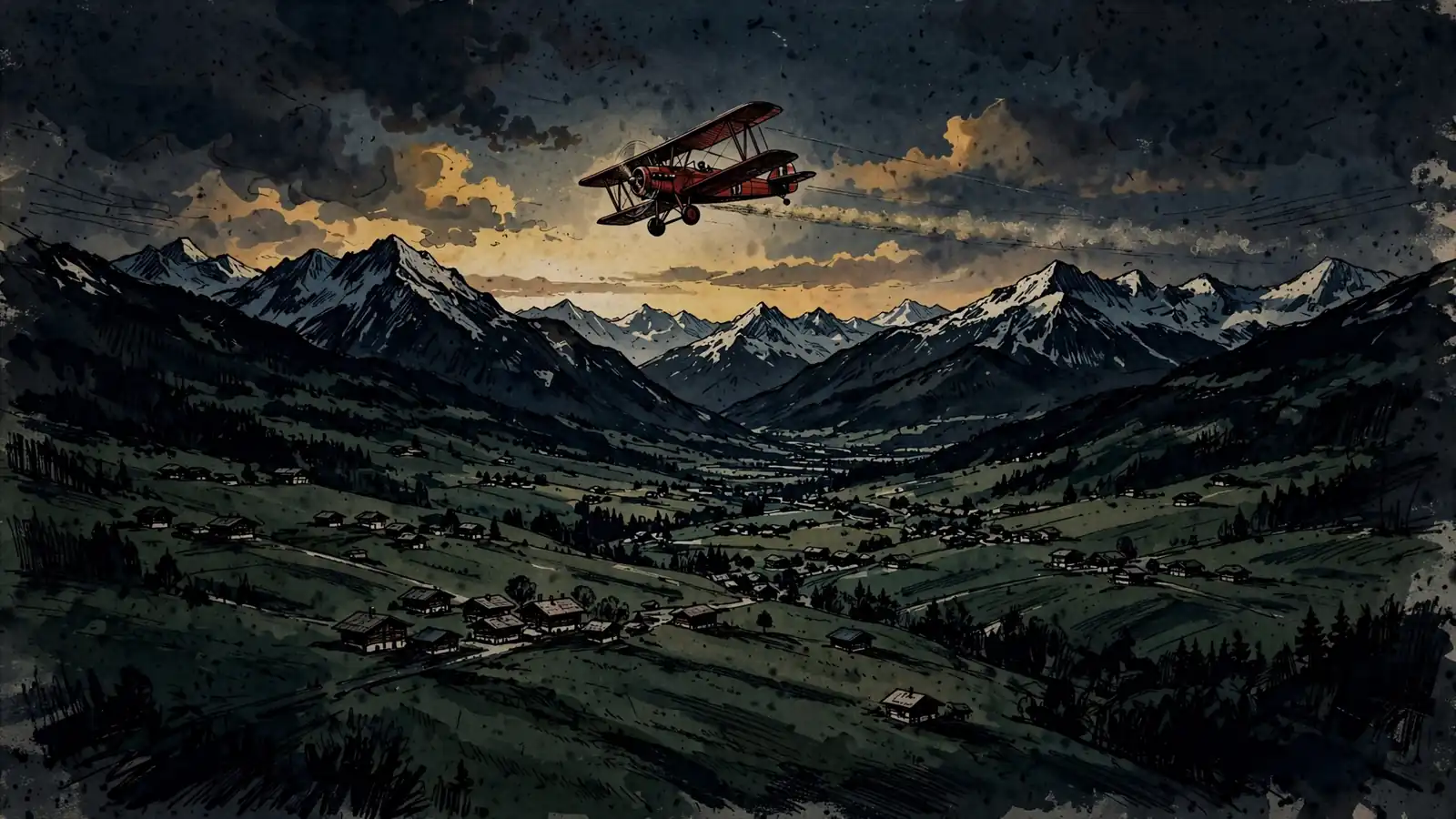 Ein rotes Propellerflugzeug im Flug über einem österreichischen Alpenpanorama mit Holzhütten und schneebedeckten Gipfeln im warmen Abendlicht.