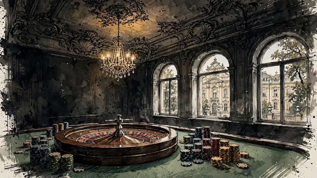Klassisches Casino-Interieur mit Roulette-Rad, Chips und Wiener Barockfassade durch Fenster.