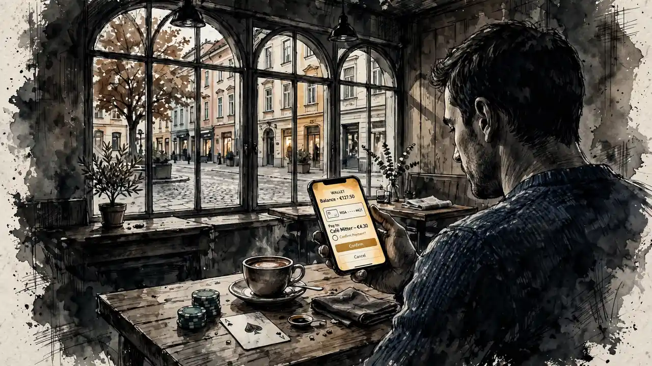 Mann im Wiener Café mit Smartphone und Casino-Chips auf dem Tisch