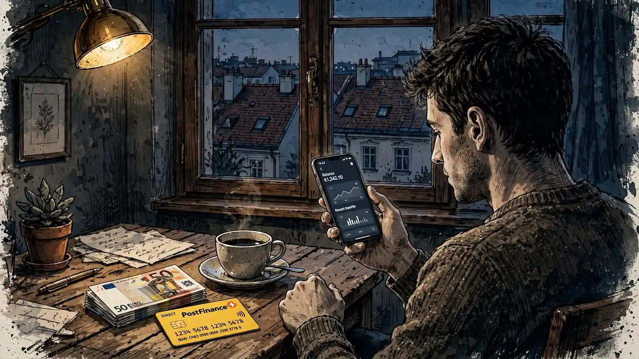 Junger Mann betrachtet Smartphone mit PostFinance-Karte auf Schreibtisch