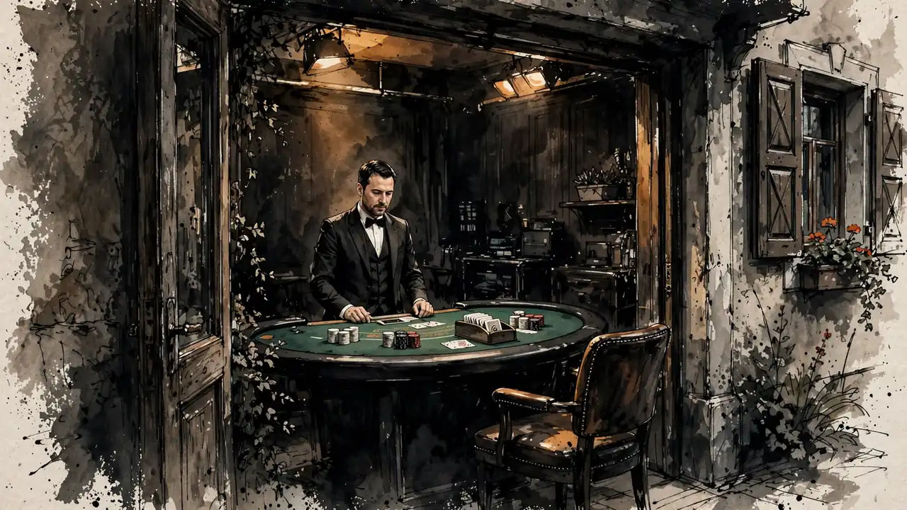 Live-Blackjack-Studio mit professionellem Dealer und grünem Spieltisch.