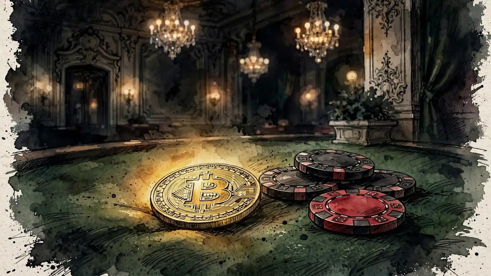 Bitcoin-Münze auf Casino-Tisch in Wiener Spielsaal