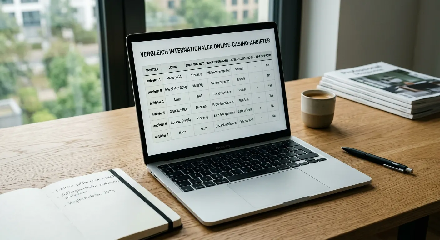 Laptop mit neutraler Vergleichstabelle internationaler Casino-Anbieter