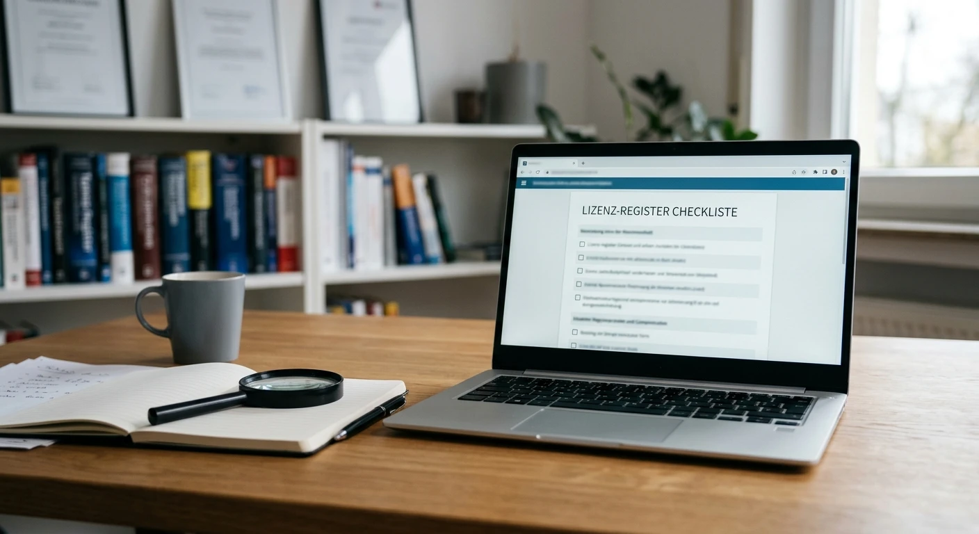 Laptop mit neutraler Betreiberprüfung, Lizenzregister und Prüfnotizen ohne Logos