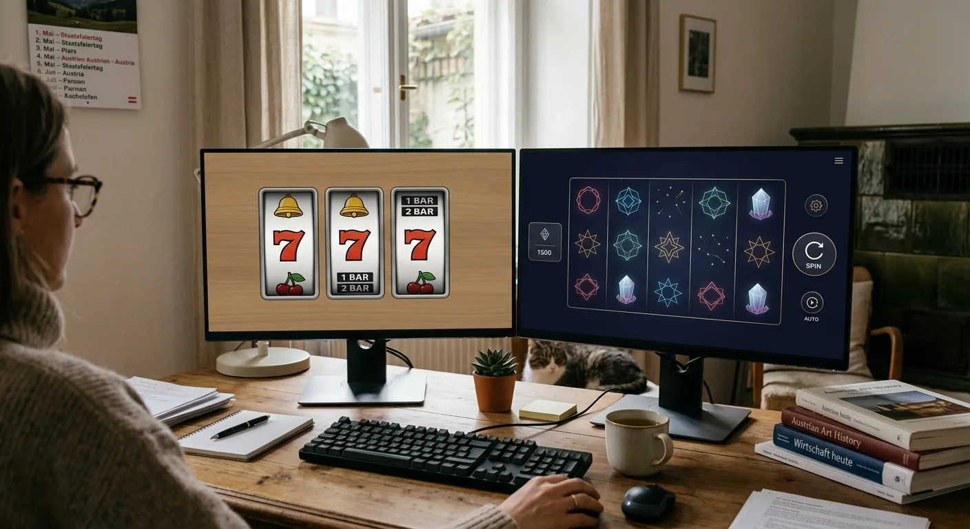 Klassischer neutraler Spielautomat neben einer modernen Spielübersicht in einem österreichischen Umfeld