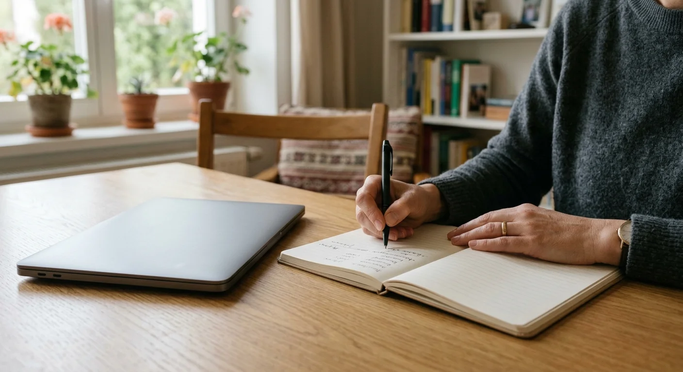 Person mit Notizbuch und ruhiger Budgetplanung am Schreibtisch