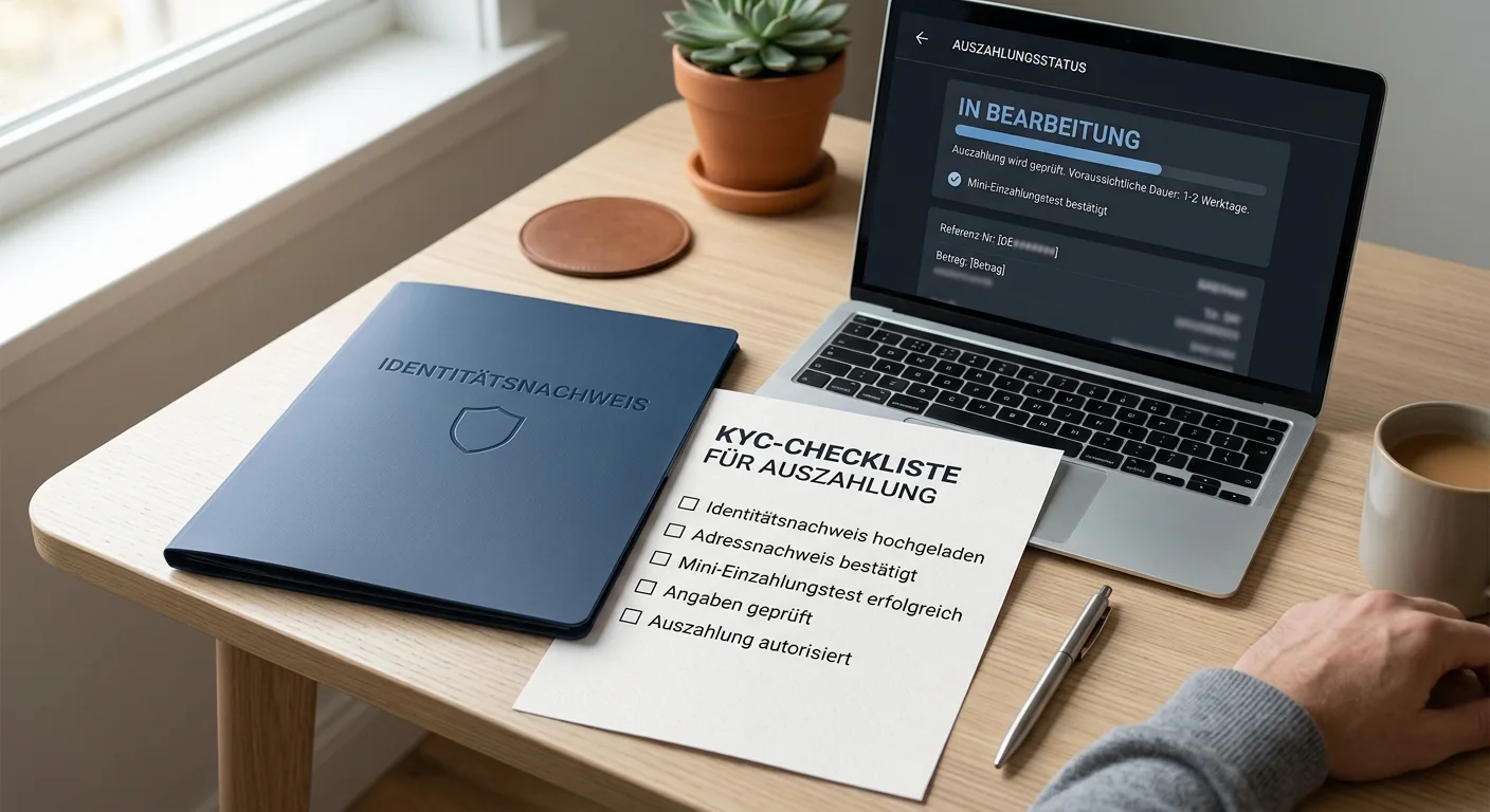 Sicherer Prüfablauf mit Ausweisunterlagen, Laptop und neutraler Auszahlungsliste auf einem ordentlichen Schreibtisch