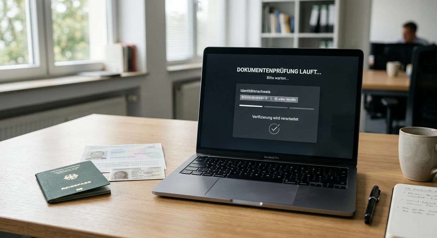 Neutrale Dokumentenprüfung neben einem Laptop ohne erkennbare Marken
