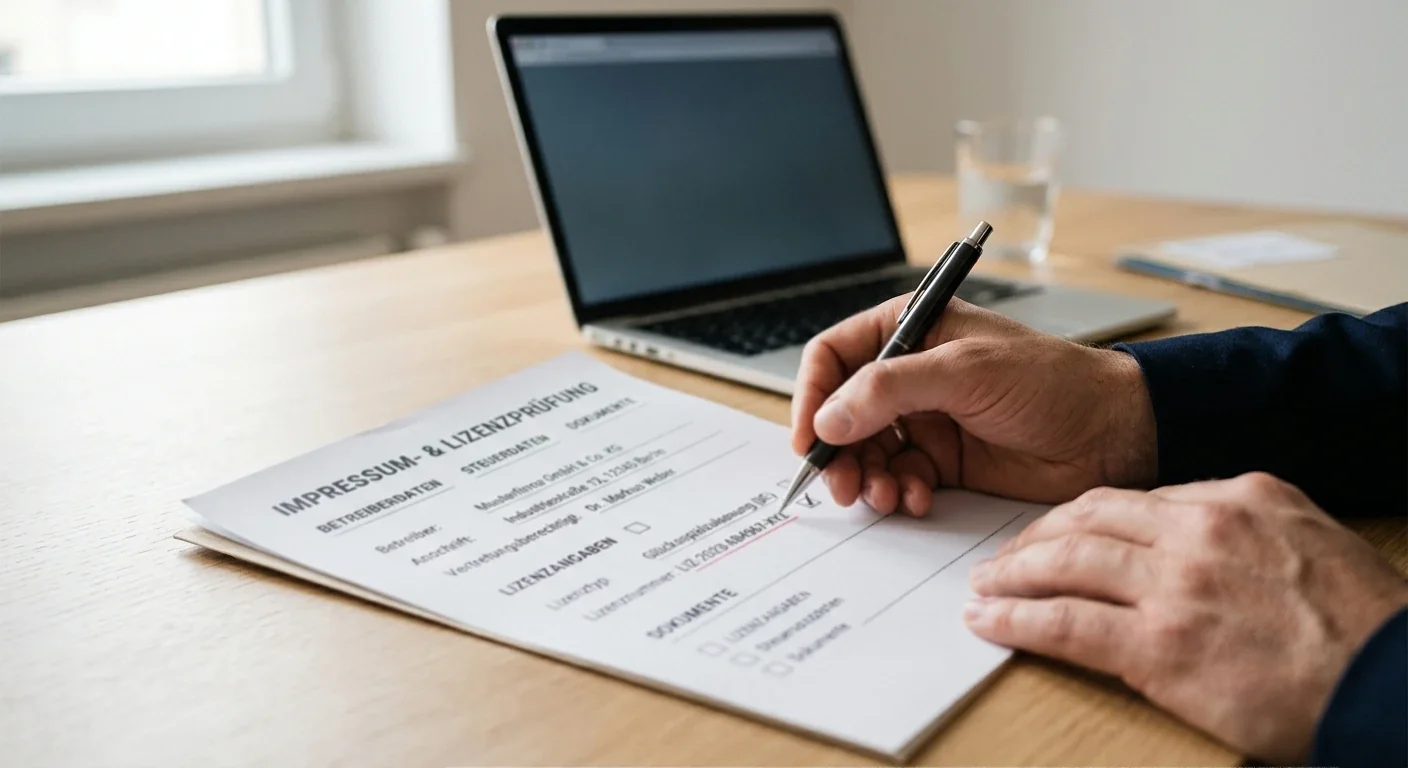 Hand mit Stift gleicht Betreibername und Lizenznummer in einem Dokument ab