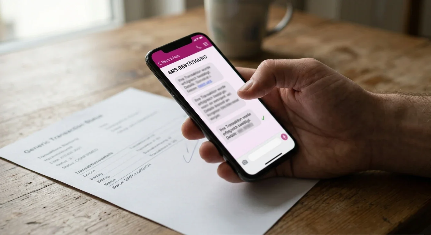 SMS-Bestätigung und Zahlungsstatus auf einem neutralen Smartphone