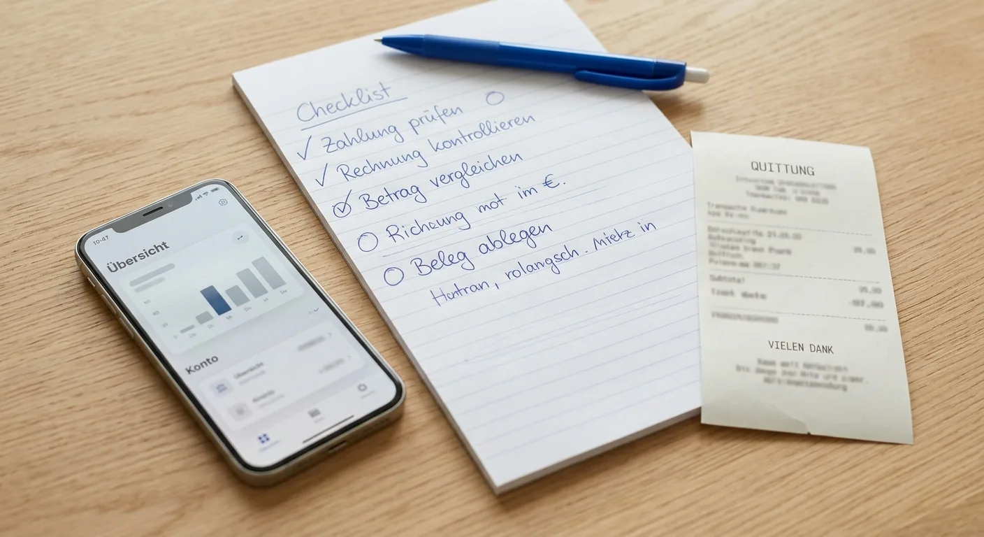 Handschriftliche Prüfliste für Magenta-Einzahlung und Auszahlung