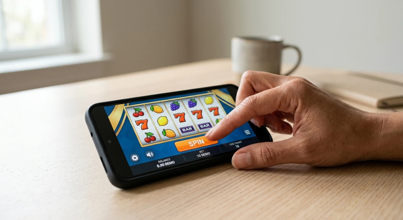 Person testet einen Spielautomaten-Spielgeldtestmodus auf dem Smartphone