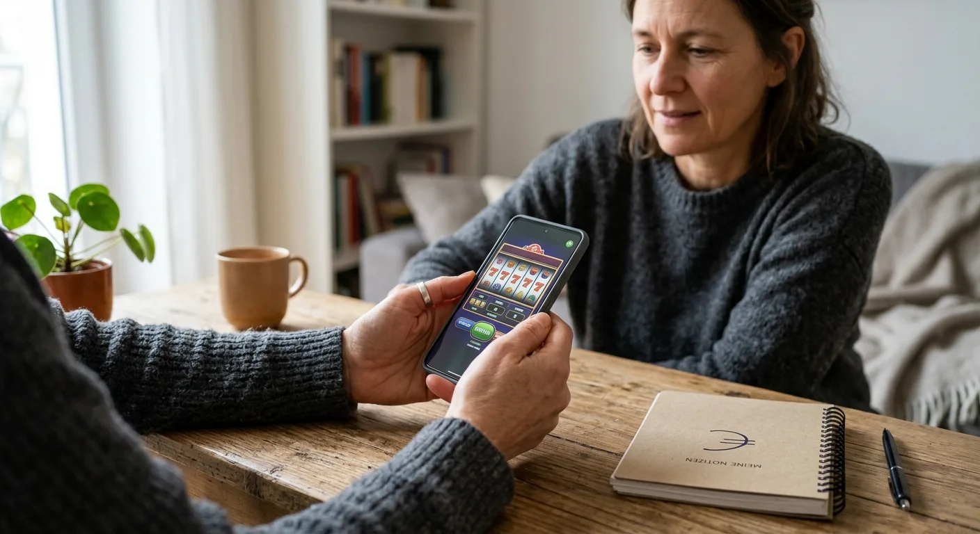 Person mit Smartphone und Notiz über ein festgelegtes Spielbudget