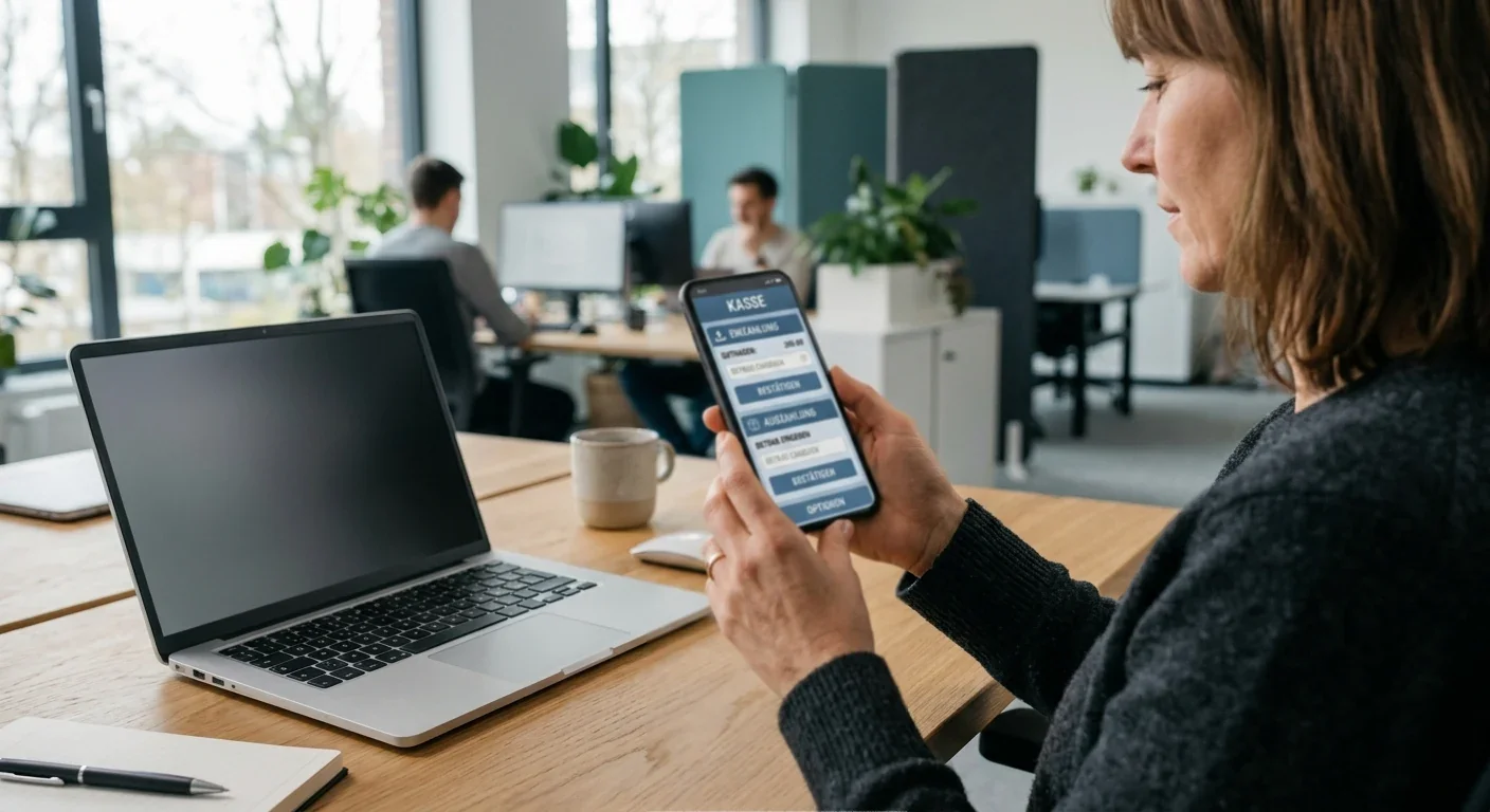 Smartphone mit neutraler mobiler Casino-Kassenansicht neben einem Laptop im hellen Büro