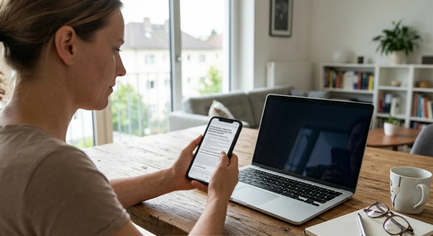 Person prüft Bonusbedingungen auf einem Smartphone neben einem neutralen Laptop