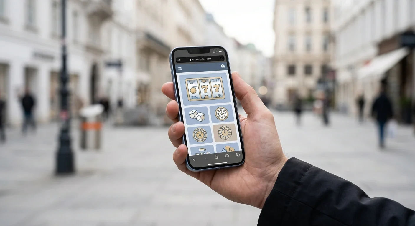 Person mit Smartphone auf einer neutralen mobilen Casino-Webseite ohne Markenlogo