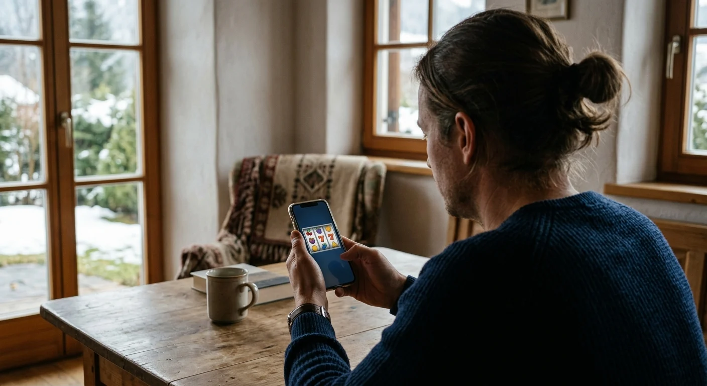 Person nutzt ein mobiles Casino in einer Internetansicht auf einem Smartphone neben einem Notizblock