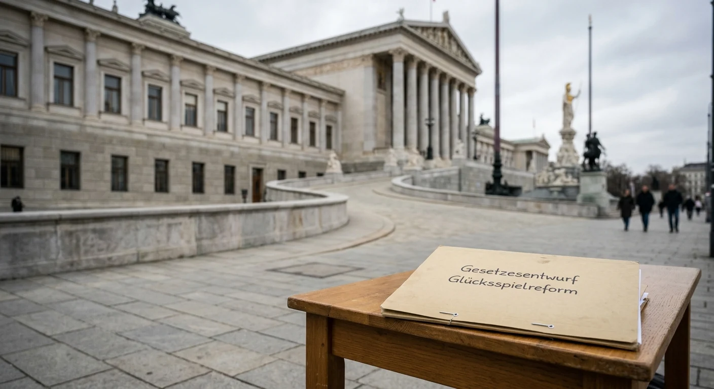 Neutrales österreichisches Parlamentsgebäude mit Unterlagen zu einer Gesetzesänderung