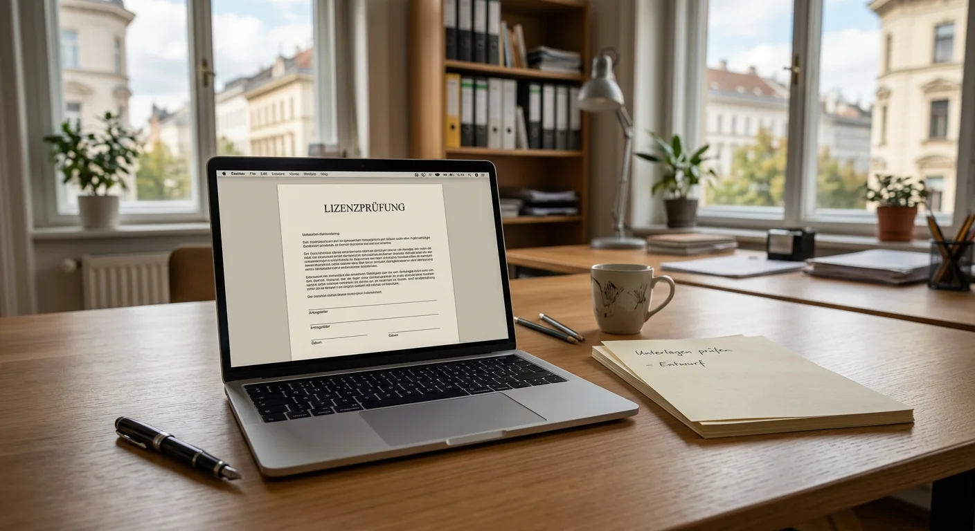 Neutrales Dokument zur Glücksspielgenehmigung neben einem Laptop