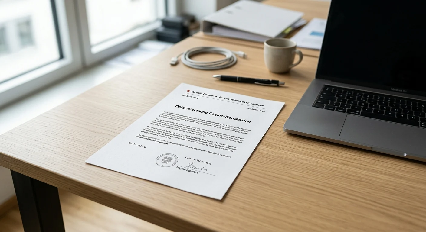 Neutrales österreichisches Konzessionsdokument neben einem Laptop