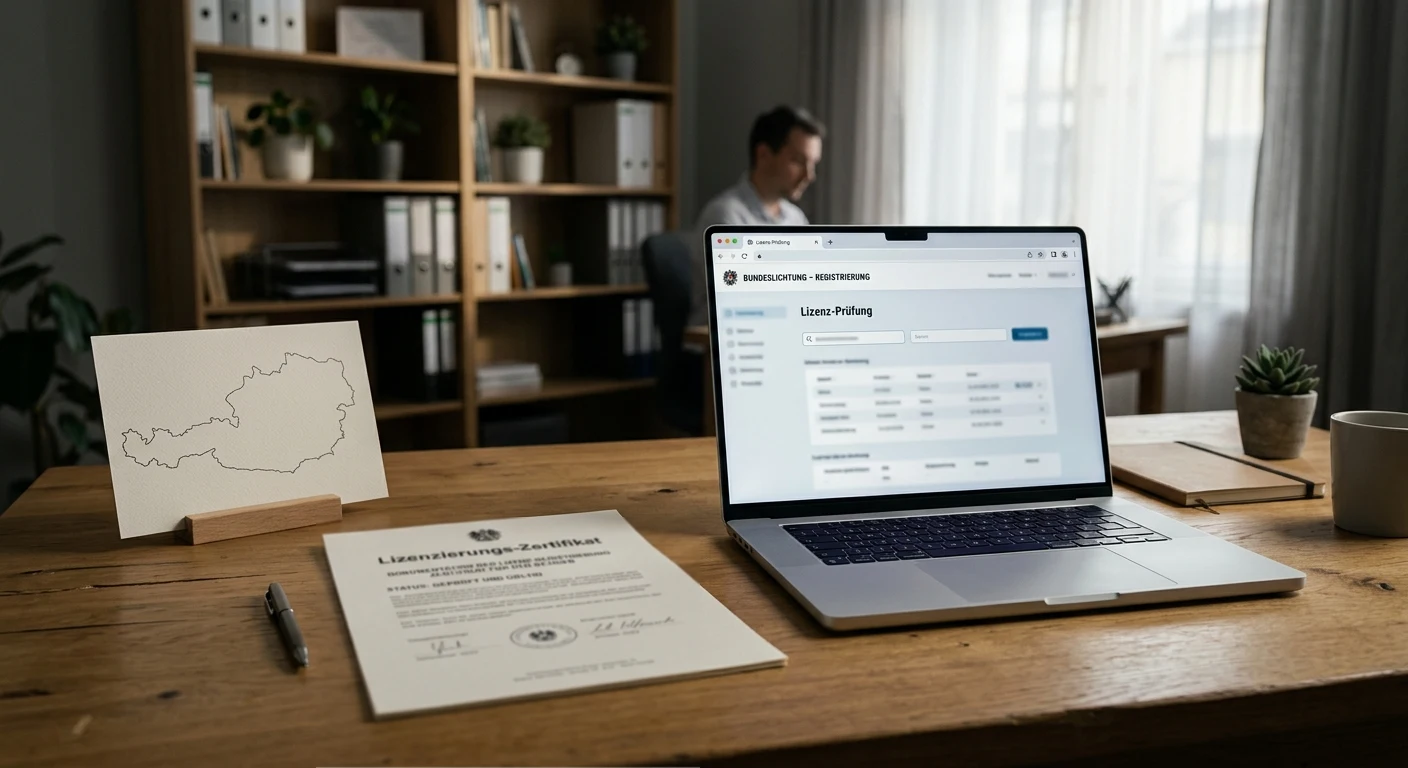 Neutrales Konzessionsdokument neben Laptop und österreichischer Landkarte ohne Wappen oder Logo