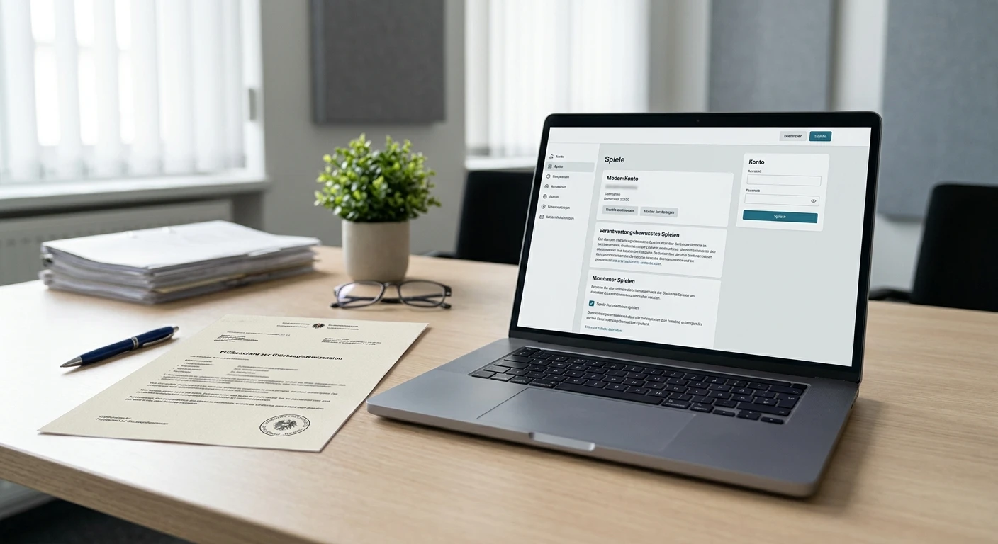Unbedenkliches Dokument und Laptop als Symbol für die Prüfung einer österreichischen Glücksspielkonzession