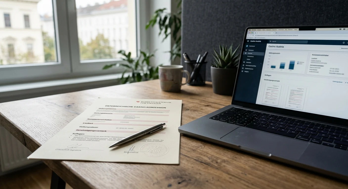 Neutrales Konzessionsdokument und Laptop mit österreichischer Rechtsprüfung