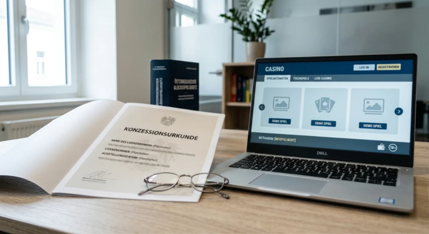 Neutrales österreichisches Konzessionsdokument neben Laptop
