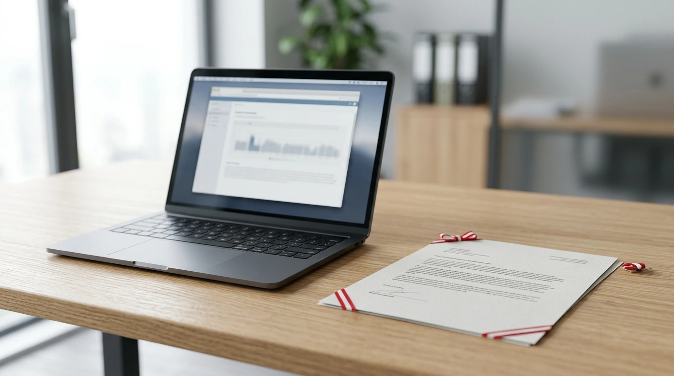Österreichisches Konzessionsdokument neben einem neutralen Laptop