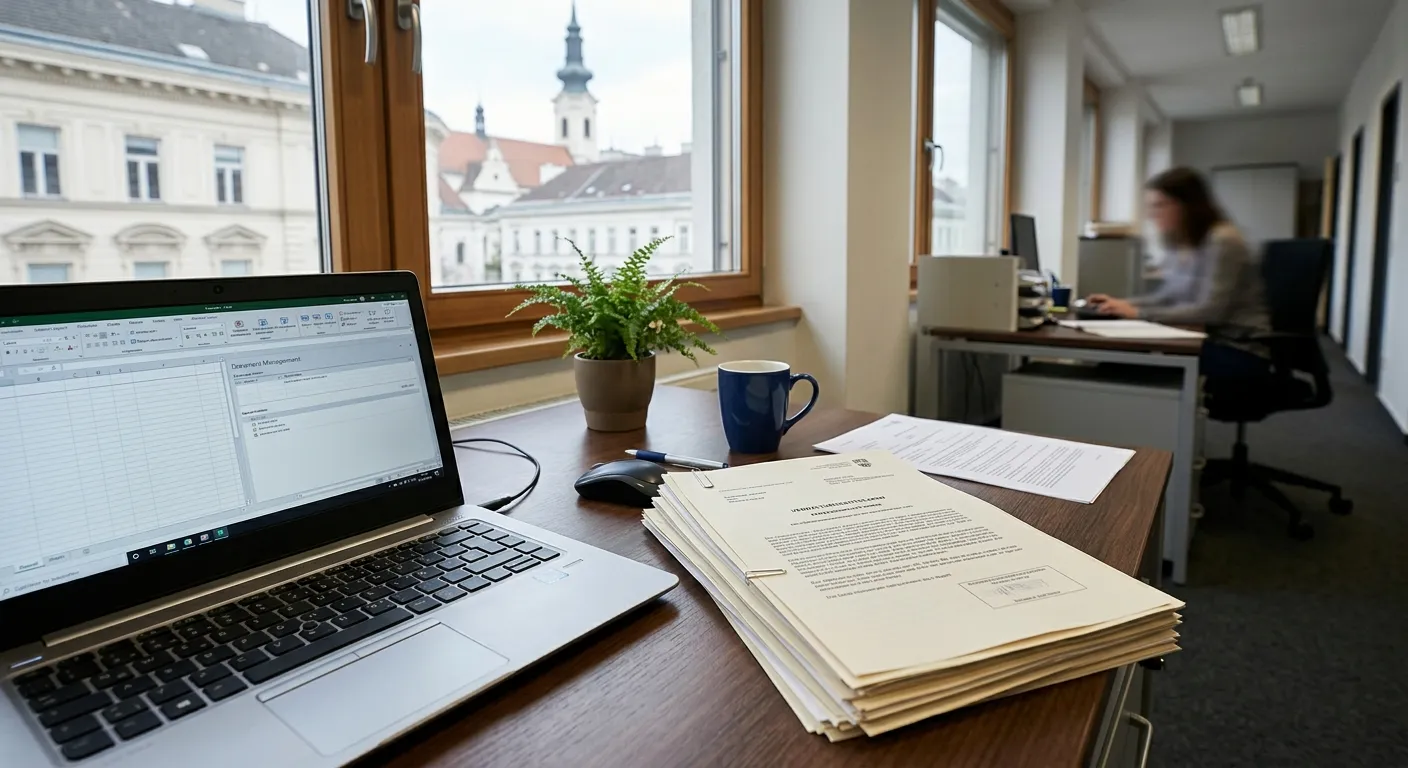 Neutrale Lizenzunterlagen und Laptop für einen österreichischen Casinovergleich