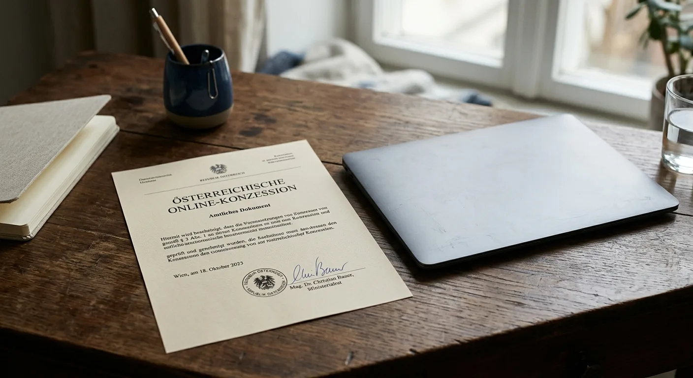 Neutrales österreichisches Konzessionsdokument neben Laptop ohne erkennbare Marken
