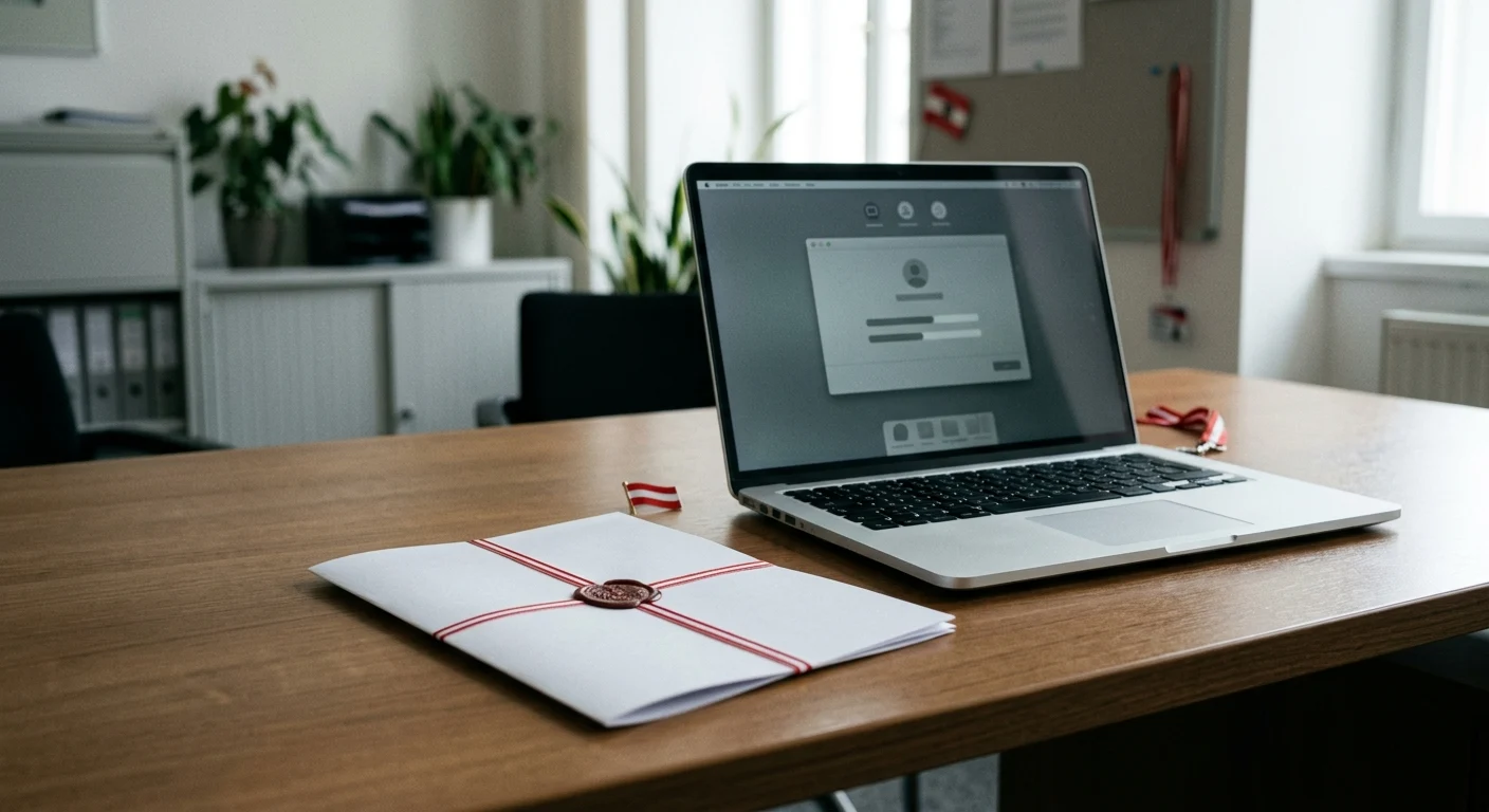Neutrales österreichisches Konzessionsdokument neben Laptop ohne Markenlogo