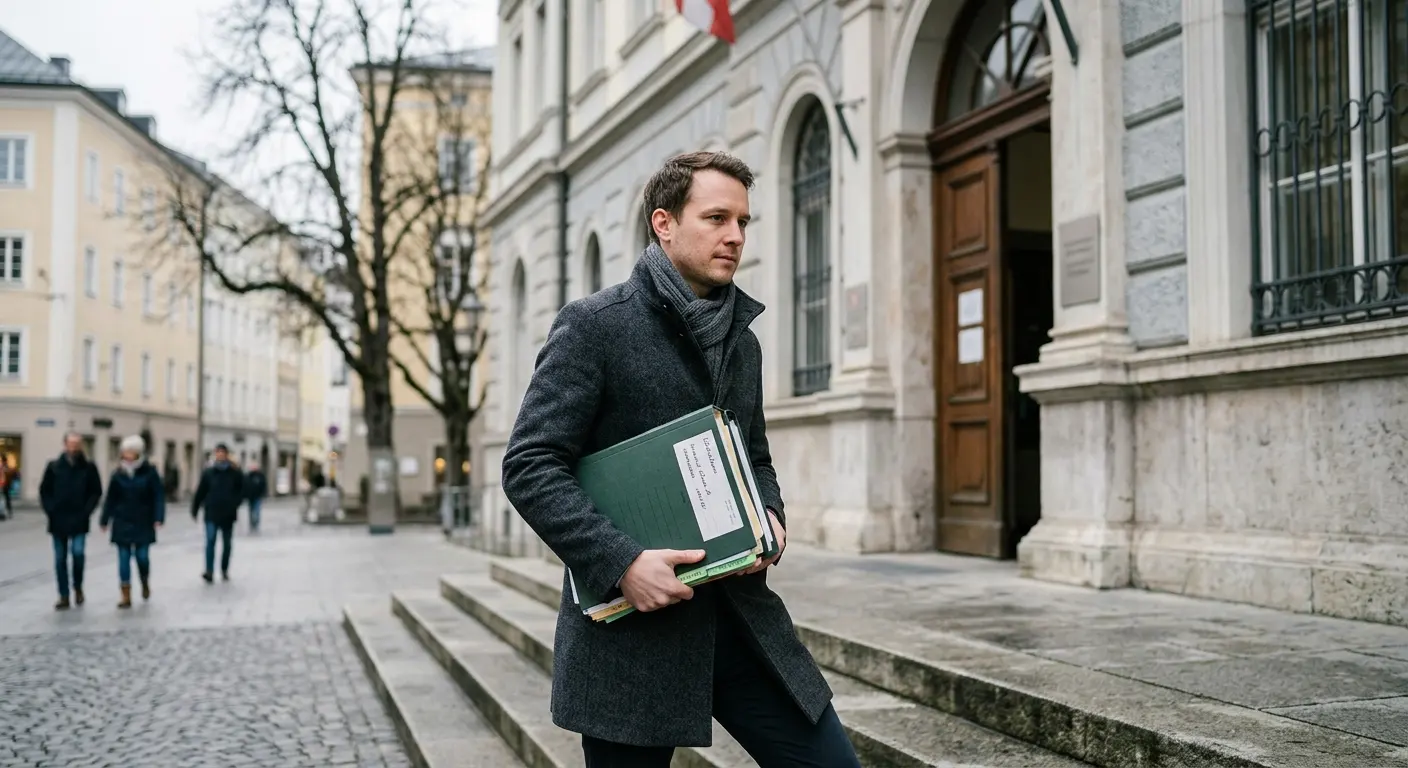Österreichisches Gerichtsgebäude mit geordneten Unterlagen zur Vollstreckungsprüfung